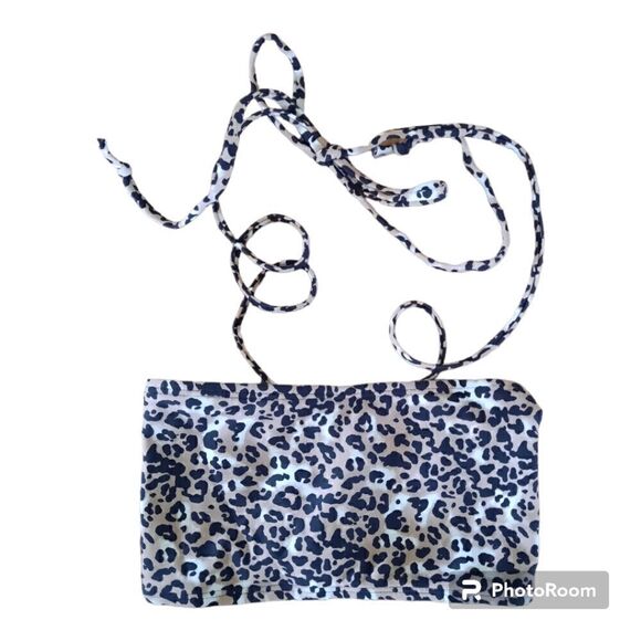Relleciga Leopard Print Adjustable Back Lace Up Bandeau Bikini Swim Top - Picture 1 of 4